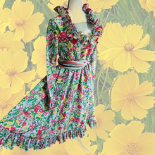 Victor Costa 1970’s Vintage Floral Dress with Pleated Ruffles