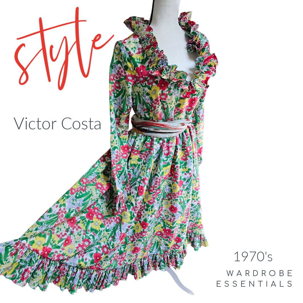 Victor Costa 1970’s Vintage Floral Dress with Pleated Ruffles