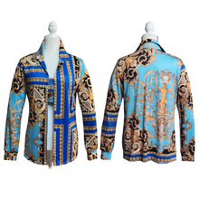 3 Piece Ensemble Jacket Crop Top Straight Leg Pants Greek Themed Fabric