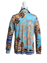 3 Piece Ensemble Jacket Crop Top Straight Leg Pants Greek Themed Fabric