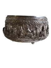 Burmese - Thai - Lao Silverplate Offering Bowl with scenes from the Vessantara Jataka Repoussed and Chased