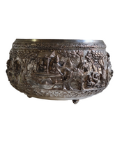 Burmese - Thai - Lao Silverplate Offering Bowl with scenes from the Vessantara Jataka Repoussed and Chased