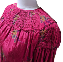 Laura Biagiotti for Bonwit Teller Made in Italy Vintage 1970s Smocked Raspberry Floral Jacquard Silk Dress 44