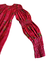 Laura Biagiotti for Bonwit Teller Made in Italy Vintage 1970s Smocked Raspberry Floral Jacquard Silk Dress 44