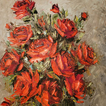 Ruth Womack Texas Midcentury Art Oil on Canvas Palette Knife Red Roses Gilt Swedish Frame