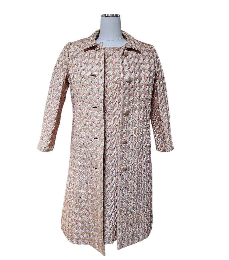 Vintage 1960s Maison Annette Custom Tailored in Hong Kong by Modiste East Brocade A-line Cocktail Dress and Coat Set
