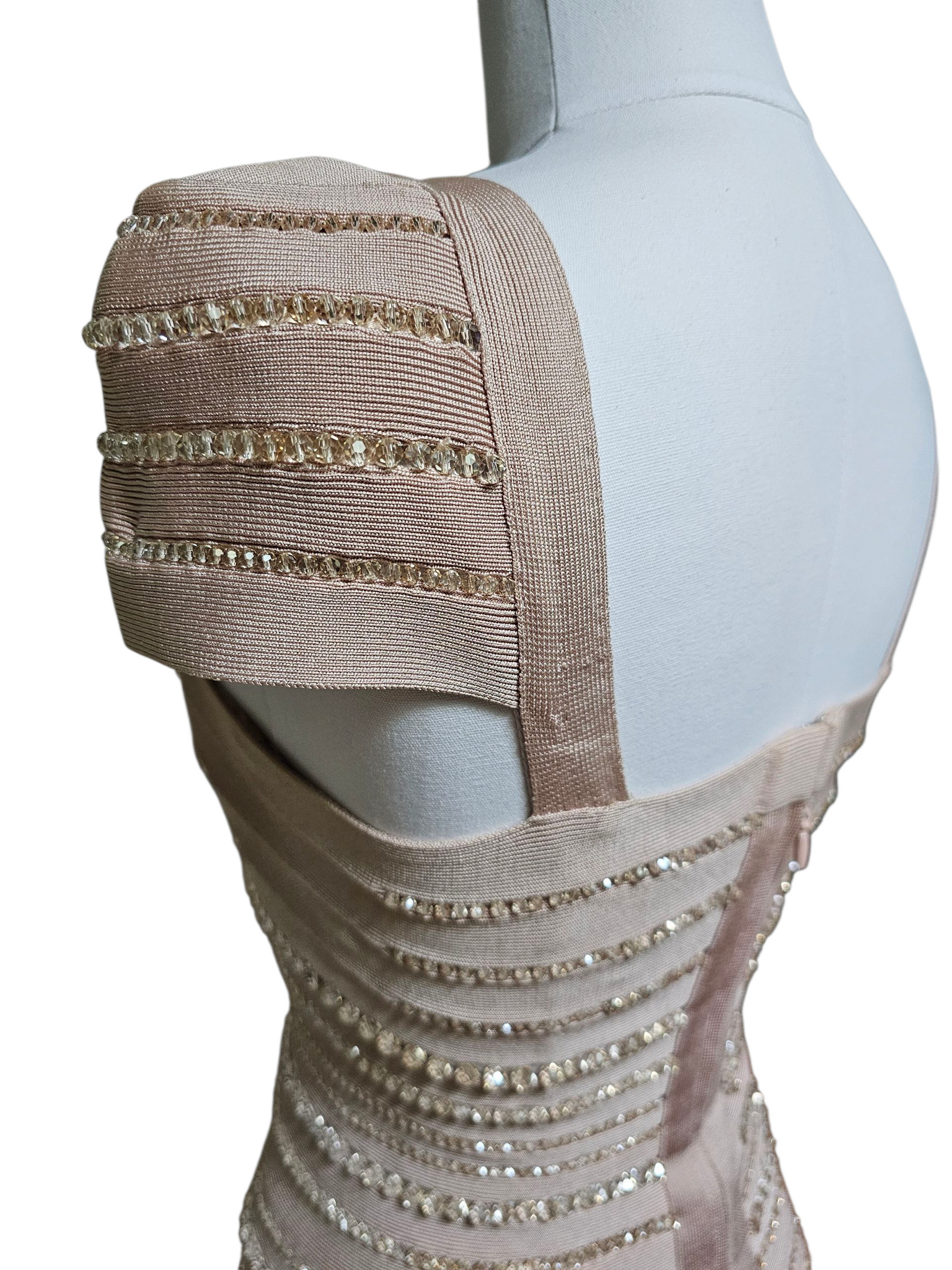 herve leger beaded bandage dress Herv Lger Runway Pink and Grey Bandage Dress With Stud Detail