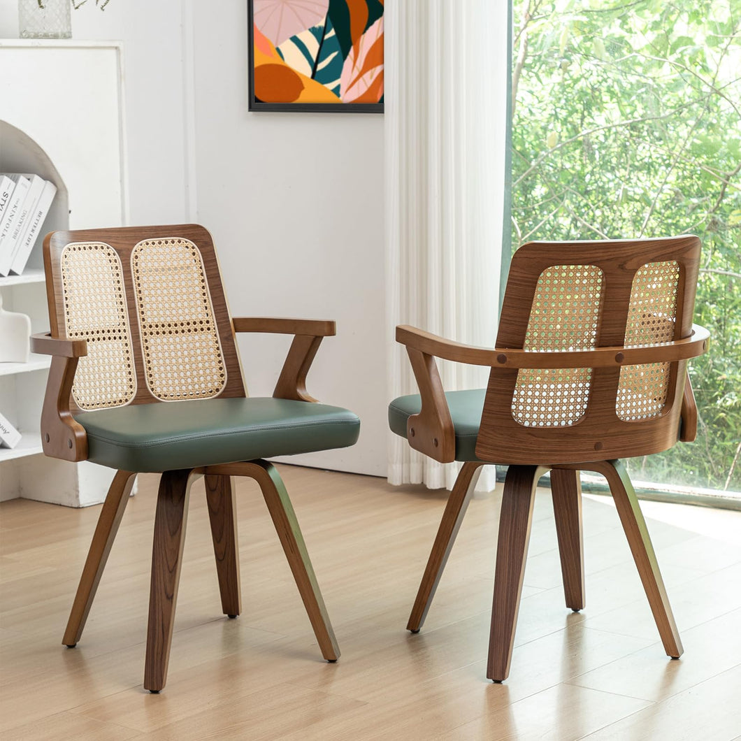 Set of 2 Mid Century Modern Dining Chairs - Green Rattan Dining Chairs with Walnut Bentwood Frame, Ergonomic Rattan Back, Curved Arms, Versatile for Kitchen/Restaurant/Living Room (Walnut Green)