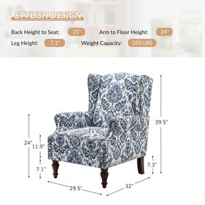 HULALA HOME Wingback Accent Chair with Floral Pattern Design, Traditional Fabric Armchair with Nailhead Trim and Retro Wooden Legs, Mustard - paid link