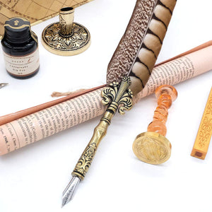 GC QUILL Antique Quill Pen Unique Half-Patterned Feather Pen Set with 6 Nibs 1 Bottle of Ink 1 Seal Stamp 1 Pen Holder 1 Sealing Wax LL-149 - paid link