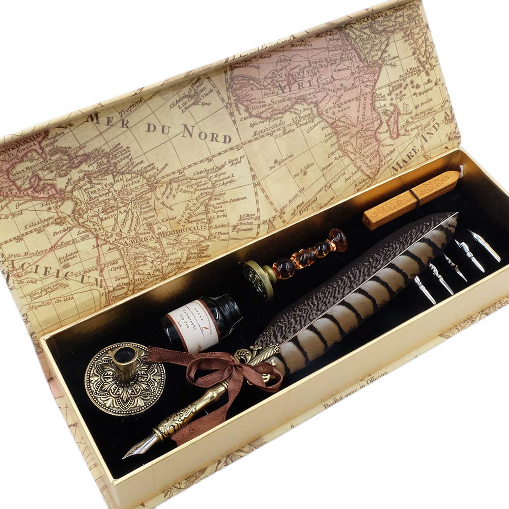 GC QUILL Antique Quill Pen Unique Half-Patterned Feather Pen Set with 6 Nibs 1 Bottle of Ink 1 Seal Stamp 1 Pen Holder 1 Sealing Wax LL-149 - paid link