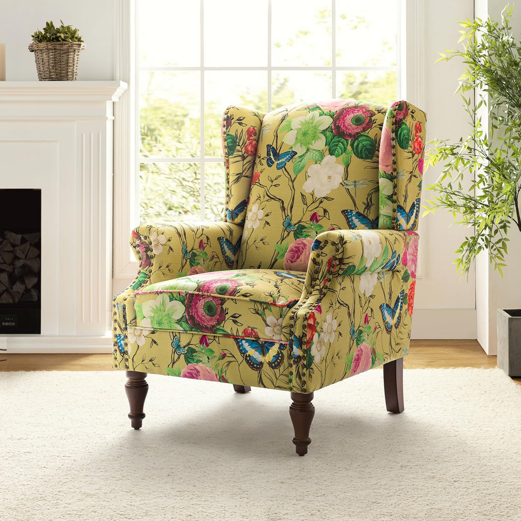 HULALA HOME Wingback Accent Chair with Floral Pattern Design, Traditional Fabric Armchair with Nailhead Trim and Retro Wooden Legs, Mustard - paid link