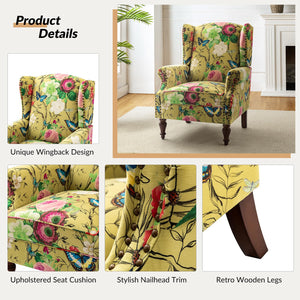 HULALA HOME Wingback Accent Chair with Floral Pattern Design, Traditional Fabric Armchair with Nailhead Trim and Retro Wooden Legs, Mustard - paid link