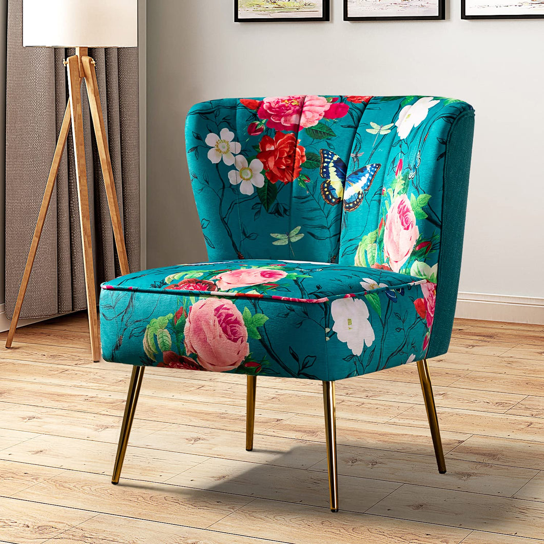 TINA'S HOME Accent Chair with Golden Metal Legs, Comfy Tufted Wingback Living Room Chair Floral Fabric Small Armless Side Chair, Upholstered Slipper Chair for Bedroom, Reading Room (Flower Print&BLUE) - paid link