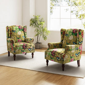 HULALA HOME Wingback Accent Chair with Floral Pattern Design, Traditional Fabric Armchair with Nailhead Trim and Retro Wooden Legs, Mustard - paid link