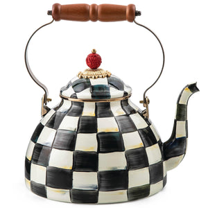 MACKENZIE-CHILDS Enamel Tea Kettle, Stylish Tea Kettle for Stovetop, Black-and-White Courtly Check, 2 Quarts - paid link