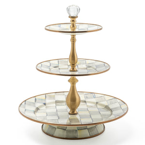 MACKENZIE-CHILDS Enamel Two-Tier Sweet Stand, Two-Tiered Serving Tray for Dessert, Black-and-White Courtly Check - paid link