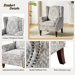 HULALA HOME Wingback Accent Chair with Floral Pattern Design, Traditional Fabric Armchair with Nailhead Trim and Retro Wooden Legs, Mustard - paid link