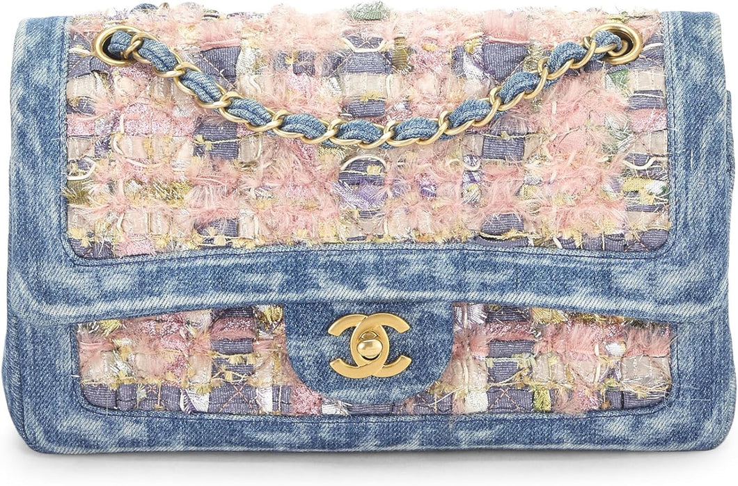 Pre-Loved Pink Denim Classic Double Flap Medium, Pink