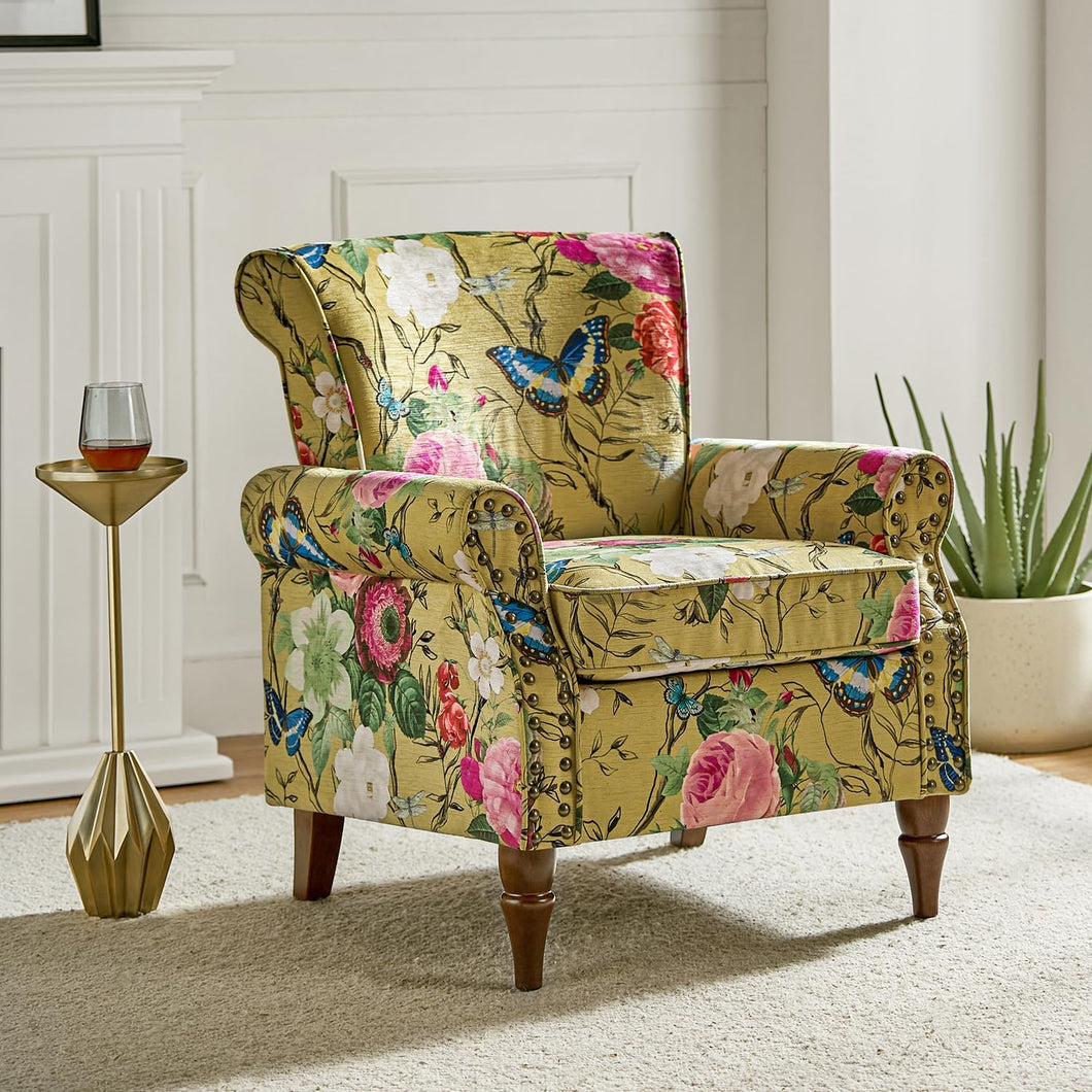 TINA'S HOME Modern Accent Chair with Wooden Legs & Nailhead Trim, Floral Pattern Fabric Sofa Chair for Living Room Bedroom, Comfy Upholstered Armchair Club Chair with Removable Cushion, Mustard - paid link