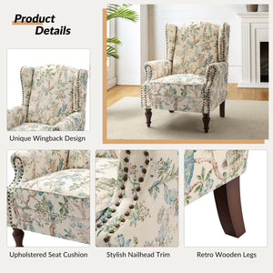 HULALA HOME Wingback Accent Chair with Floral Pattern Design, Traditional Fabric Armchair with Nailhead Trim and Retro Wooden Legs, Mustard - paid link