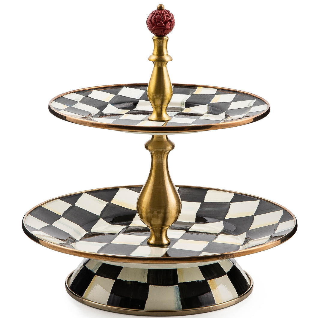 MACKENZIE-CHILDS Enamel Two-Tier Sweet Stand, Two-Tiered Serving Tray for Dessert, Black-and-White Courtly Check - paid link