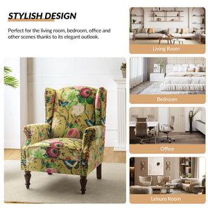 HULALA HOME Wingback Accent Chair with Floral Pattern Design, Traditional Fabric Armchair with Nailhead Trim and Retro Wooden Legs, Mustard - paid link