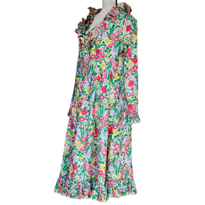 Victor Costa 1970’s Vintage Floral Dress with Pleated Ruffles