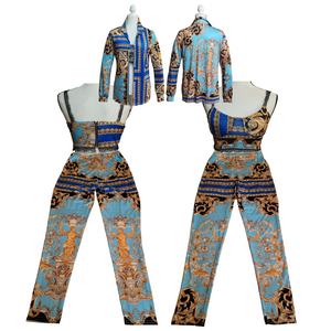 3 Piece Ensemble Jacket Crop Top Straight Leg Pants Greek Themed Fabric