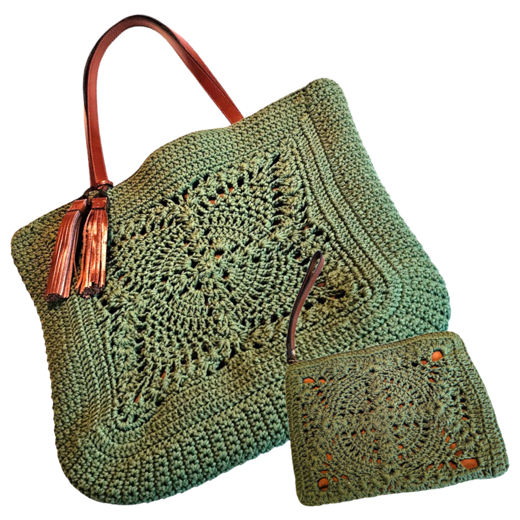 Pre-loved Patricia Nash Green Crochet Naomi Butterfly Tote and Matching Wristlet