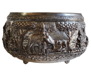 Thai or Lao Silverplate Offering Bowl with scenes from the Vessantara Jataka Repoussed and Chased