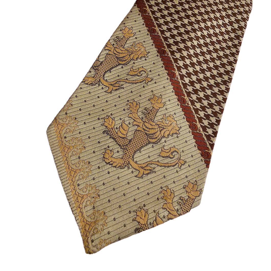 Vintage Lucien Piccard Tie Rare Design of Lion Crest Coat of Arms and Houndstooth