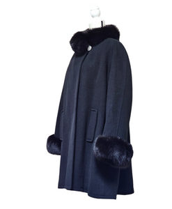 Vintage Nina Ricci Only at Bloomingdale's Cashmere Wool Swing Coat Fur Trim L/XL