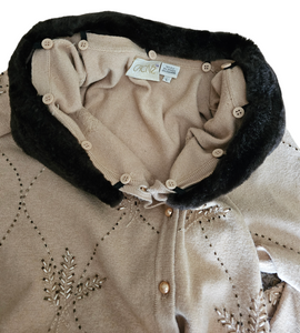 Cache Hand Beaded Silk Cashmere Spandex Sweater Faux Fur Detachable Collar