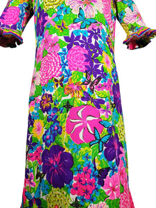 Vintage MR. DINO c.1970 Multicolor Floral and Striped Print Dress with Hawaiian Flare