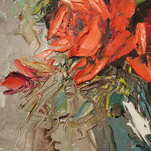 Ruth Womack Texas Midcentury Art Oil on Canvas Palette Knife Red Roses Gilt Swedish Frame