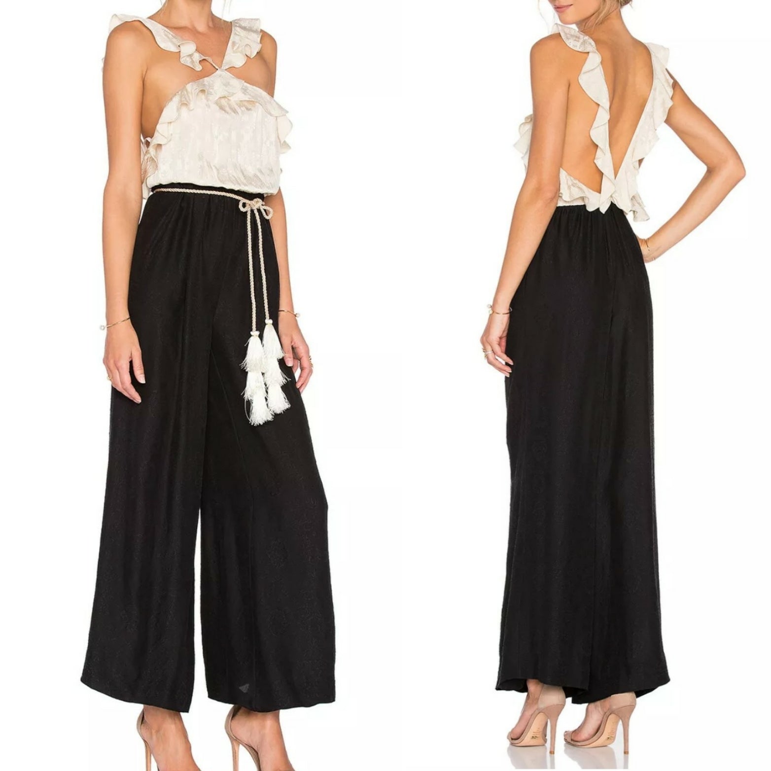 Rachel Zoe Ivory & Black Silk Halter Top Jumpsuit SZ 6