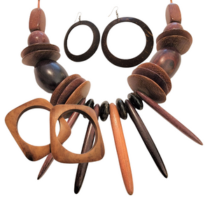 Vintage Tribal Chunky Wood Necklace Earrings Bracelets Set No. 1