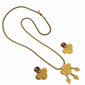 Designer Signed Mary McFadden Egyptian Style Gilt Necklace and Earrings