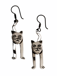 Modernist Sterling Silver Stylized Cat Taxco Earrings