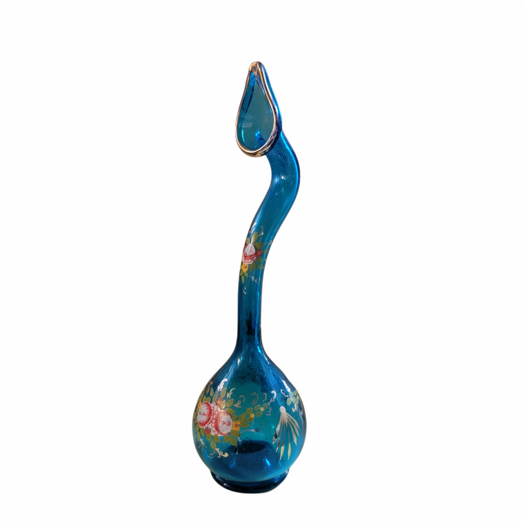 Antique Persian Sea Blue Swan Neck Handblown Glass Rose Water Sprinkler Ashkdan