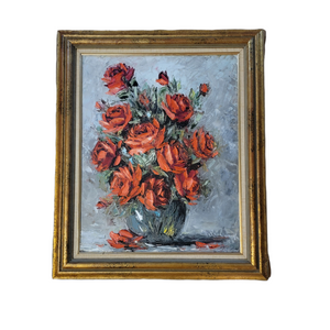 Ruth Womack Texas Midcentury Art Oil on Canvas Palette Knife Red Roses Gilt Swedish Frame