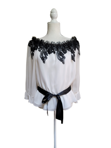 Victor Costa Ivory Silk Black Lace Top