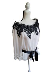 Victor Costa Ivory Silk Black Lace Top
